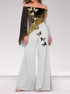Fashion Butterfly Print Off-shoulder Jumpsuit Women