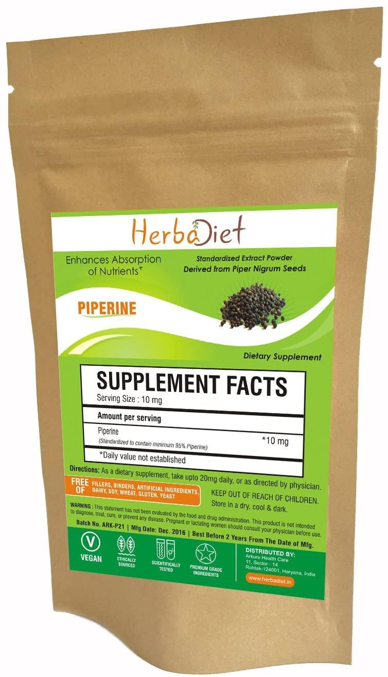 Herbadiet Piperine 95% Powder | Black Pepper Extract Powder 95% by Hplc | Bioavailability Enhancer, Boosts Nutrients Uptake| Gluten Free, Non-GMO Bulk Supplement (350 Gram)
