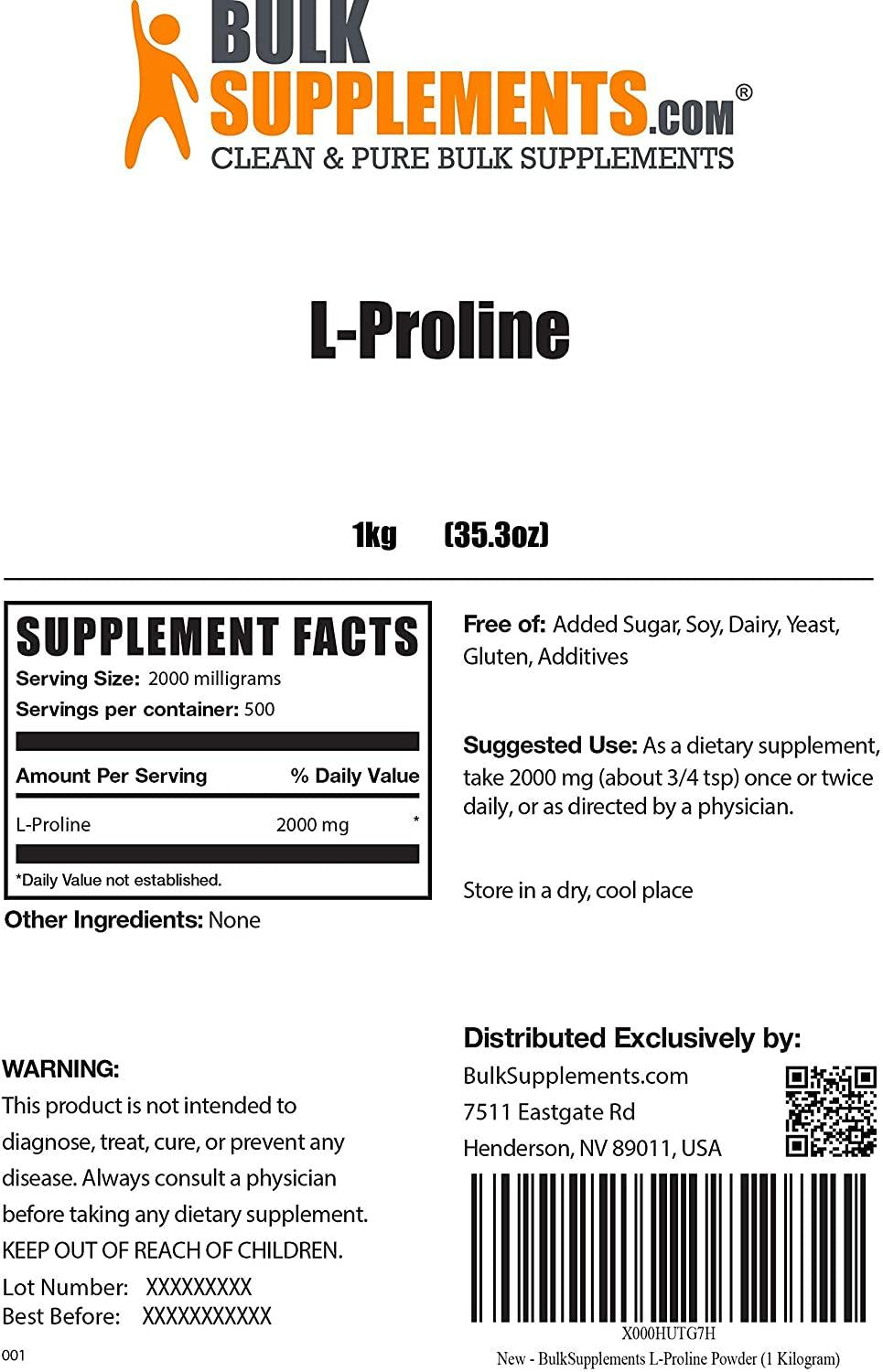 BulkSupplements.com L-Proline Powder - Supplements for Skin - Supplements with Amino Acids - Amino Acid Nutritional Supplements (5 Kilograms - 11 lbs)