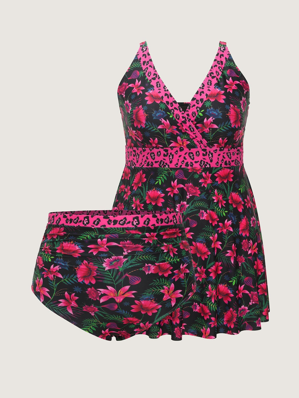 Tropical Floral Print Pockets Swim Dress