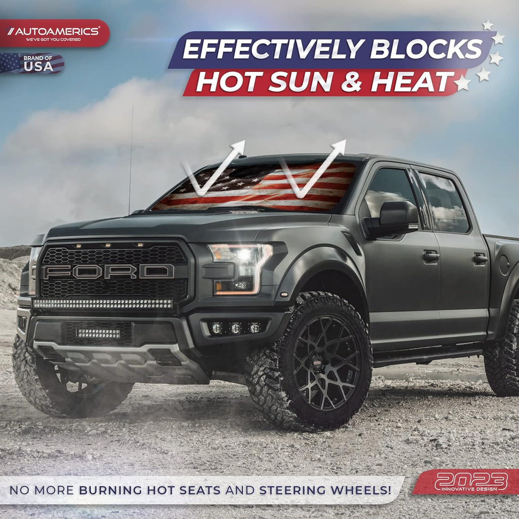 Autoamerics 1-Piece Windshield Sun Shade Grunge American Flag - 1 USA  - Foldable Car Front Window Sunshade for Most Sedans SUV Truck - Blocks Max UV Rays and Keeps Your Vehicle Cool - Large