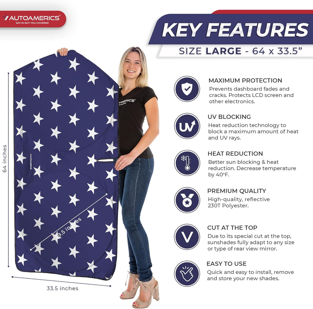 Autoamerics 1-Piece Windshield Sun Shade American Stars Flag USA Patriotic  - Foldable Car Front Window Sunshade for Sedans SUV Truck - Blocks Max UV Rays and Keeps Your Vehicle Cool - Large