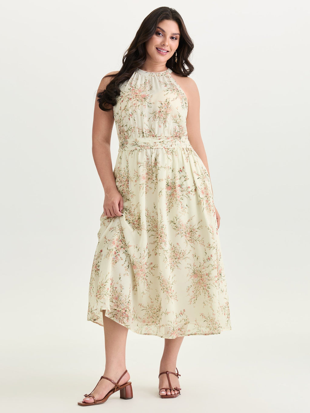 Floral Mix Halter Neckline Shirred Maxi Dress
