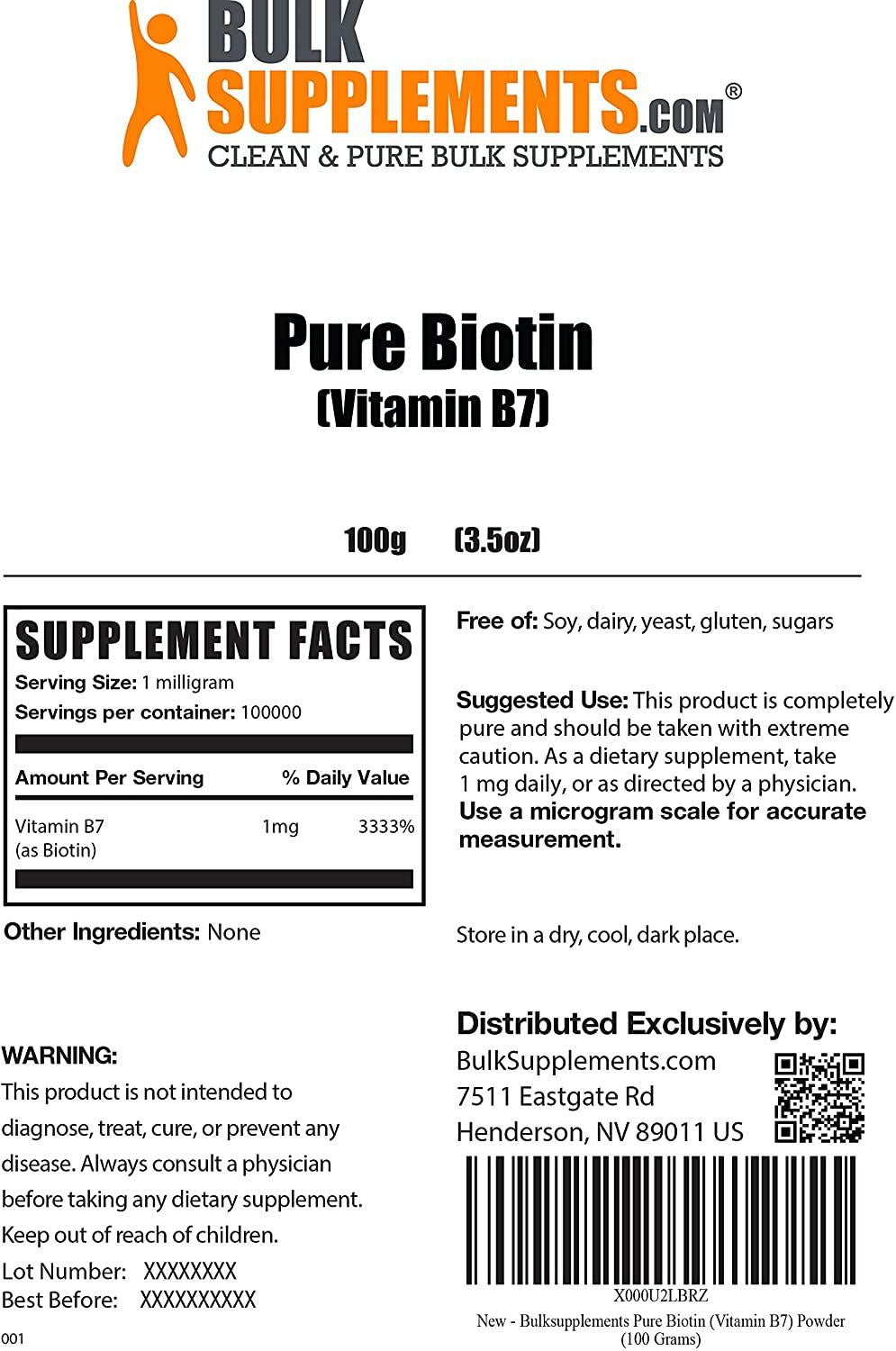 BulkSupplements.com Pure Biotin (Vitamin B7) Powder - Biotin Vitamins for Hair Skin and Nails - Hair Vitamins for Thicker Hair Growth (100 Grams - 3.5 oz)