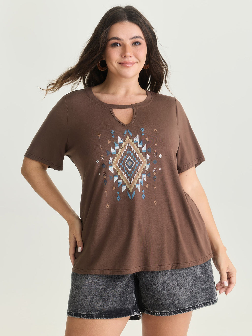 Supersoft Geometric Print Keyhole Neckline T-Shirt