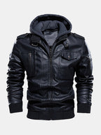 mens washed pu leather zip up pocket detachable hooded elastic hem thick jackets