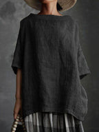 Cotton and linen solid color loose womens T-shirt