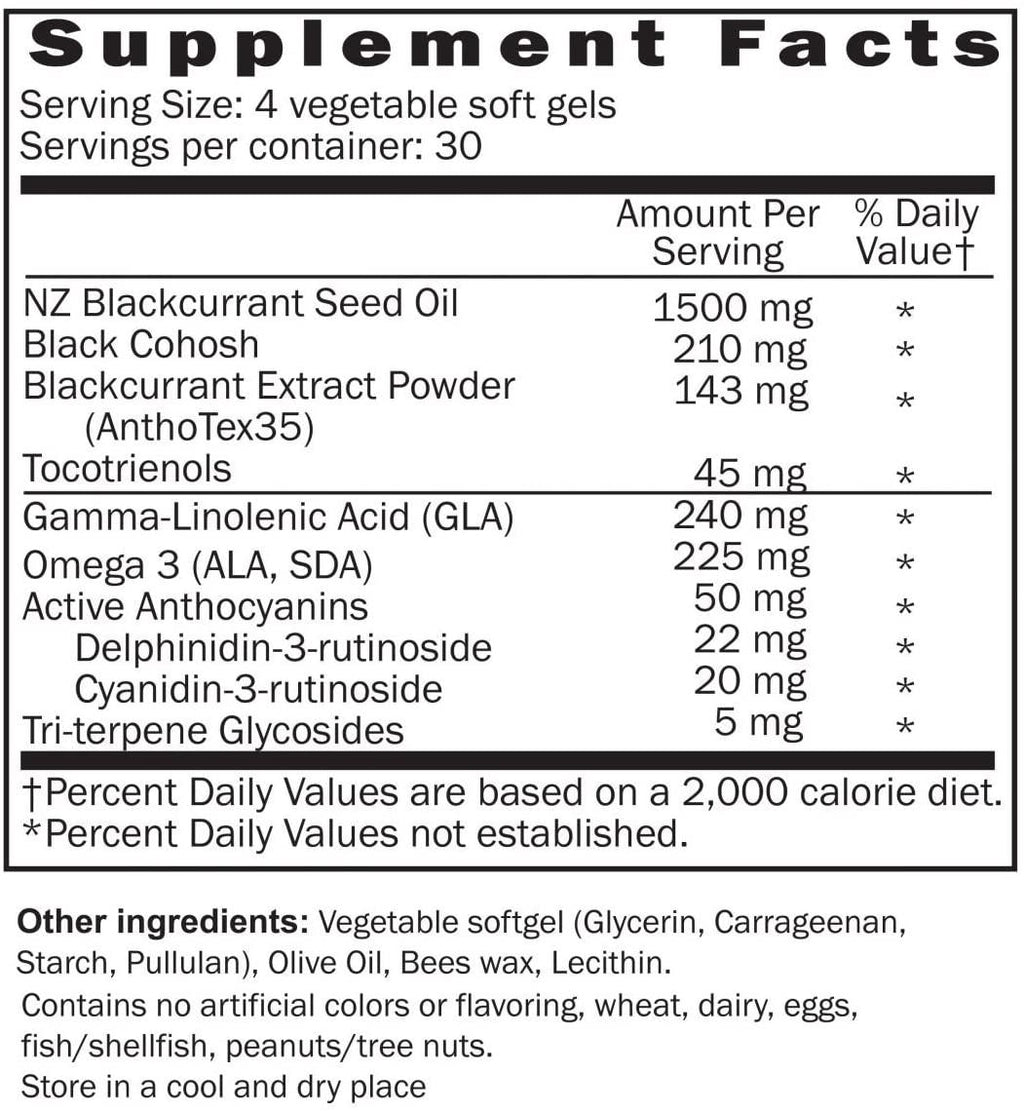 Multi Menopause Relief with Four Efficacy Pillars of GLA/ALA Fatty Acids/Blackcurrant Extract/Black Cohosh/Tocotrienols/Mood Swings/Sleep Disturbances/Anxiety/Hot Flashes/Vegan