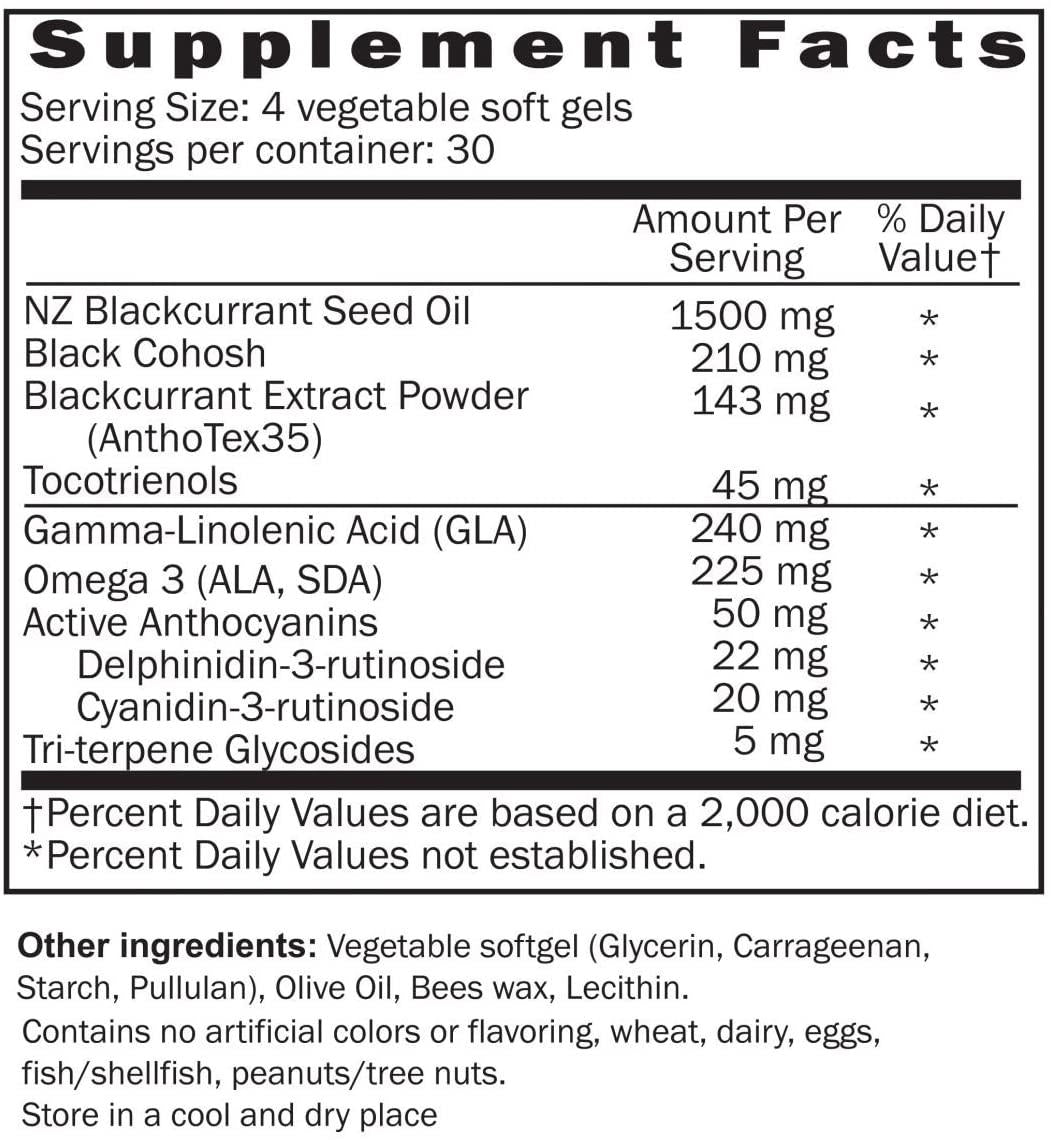Multi Menopause Relief with Four Efficacy Pillars of GLA/ALA Fatty Acids/Blackcurrant Extract/Black Cohosh/Tocotrienols/Mood Swings/Sleep Disturbances/Anxiety/Hot Flashes/Vegan
