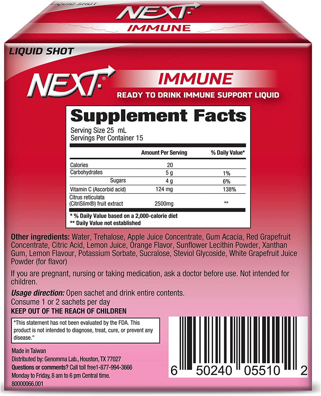 NEXT Immune Support Vitamin C Liquid Shot, 15 Count - Pack of 30