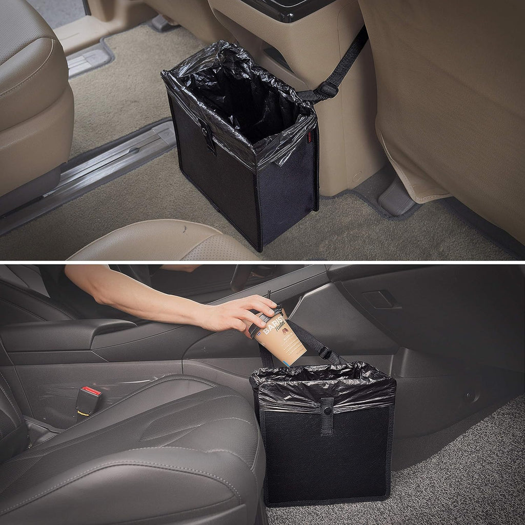 KMMOTORS Foldable Hanging car Trash Can/ Bag/ bin, Vegan Leather and Oxford Clothes Car Organizer, Cute Gadgets (Large, Beige)