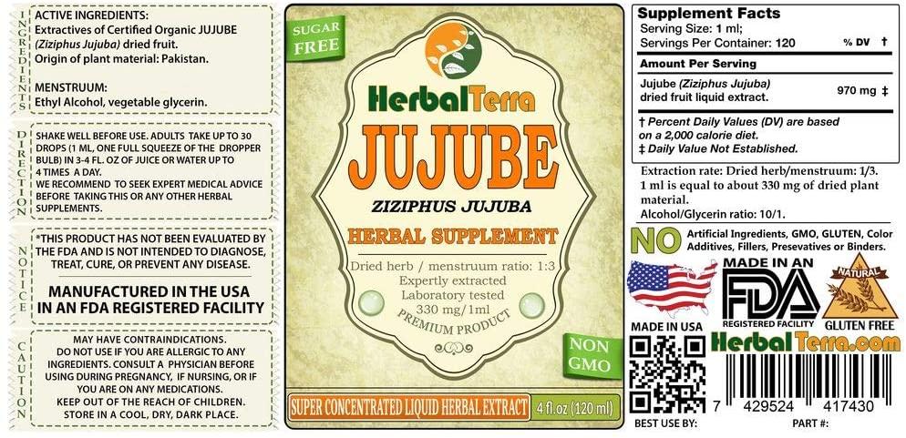 Jujube (Ziziphus Jujuba) Tincture, Organic Dried Fruits Liquid Extract (Brand Name: HerbalTerra, Proudly Made in USA) 20x4 fl.oz (20x120 ml)
