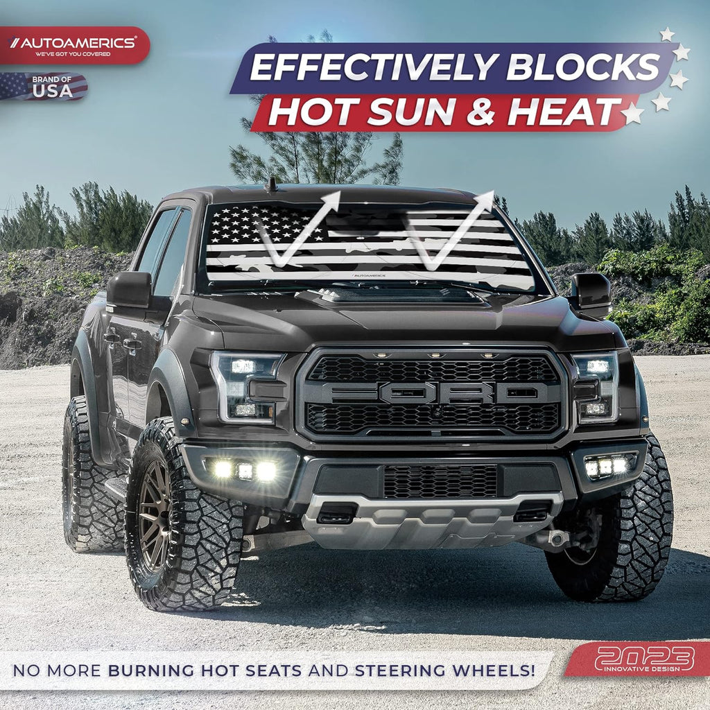 Autoamerics 1-Piece Windshield Sun Shade B&amp;W Camo American Flag USA  - Foldable Car Front Window Sunshade for Most Sedans SUV Truck - Blocks Max UV Rays and Keeps Your Vehicle Cool - Medium