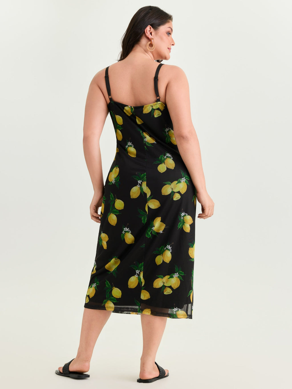 Lemon Print Stretchy Mesh Knit Midi Dress
