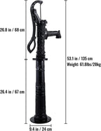 Hand Water Pump w/ Stand, 15.7 x 9.4 x 53.1 inch Pitcher Pump & 26 inch Pump Stand w/ Pre-set 1/2" Holes for Easy Installation, Rustic Cast Iron Well Pump for Yard, Garden, Farm Irrigation,Black