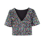 sequin stitching deep v short-sleeved