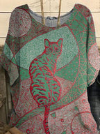 Womens Short-sleeved Round Neck Cat Printing Blouse