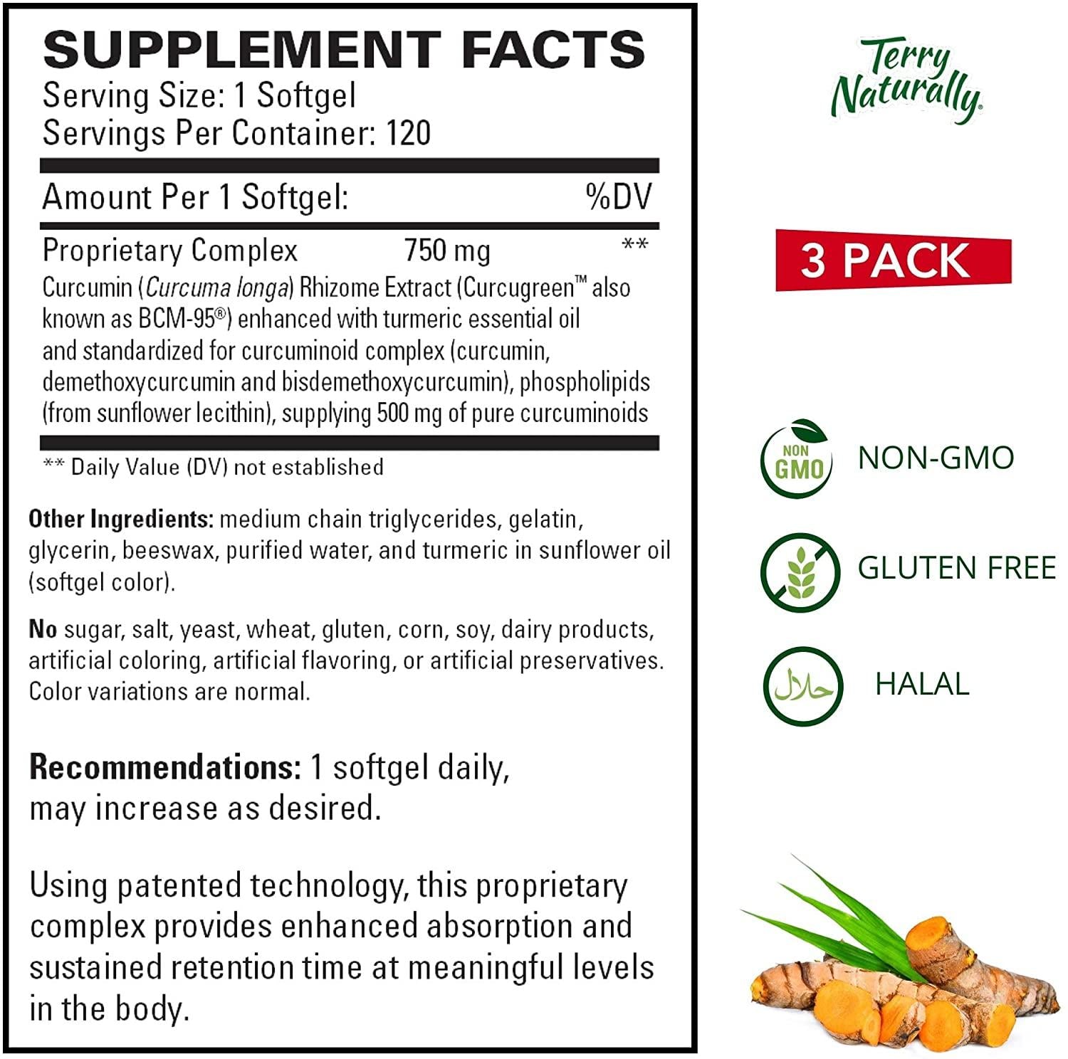 Terry Naturally CuraMed 750 mg ( 3 Pack ) - 120 Softgels - Superior Absorption BCM-95 Curcumin Supplement , Promotes Healthy Inflammation Response - Non-GMO , Gluten-Free , Halal - 360 Total Servings