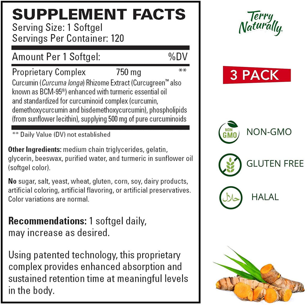 Terry Naturally CuraMed 750 mg ( 3 Pack ) - 120 Softgels - Superior Absorption BCM-95 Curcumin Supplement , Promotes Healthy Inflammation Response - Non-GMO , Gluten-Free , Halal - 360 Total Servings