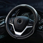 Valleycomfy Steering Wheel Covers Universal 15 inch - Genuine Leather, Breathable, Anti Slip &amp; Odor (White Line, M(14" 1/2-15" 1/4))