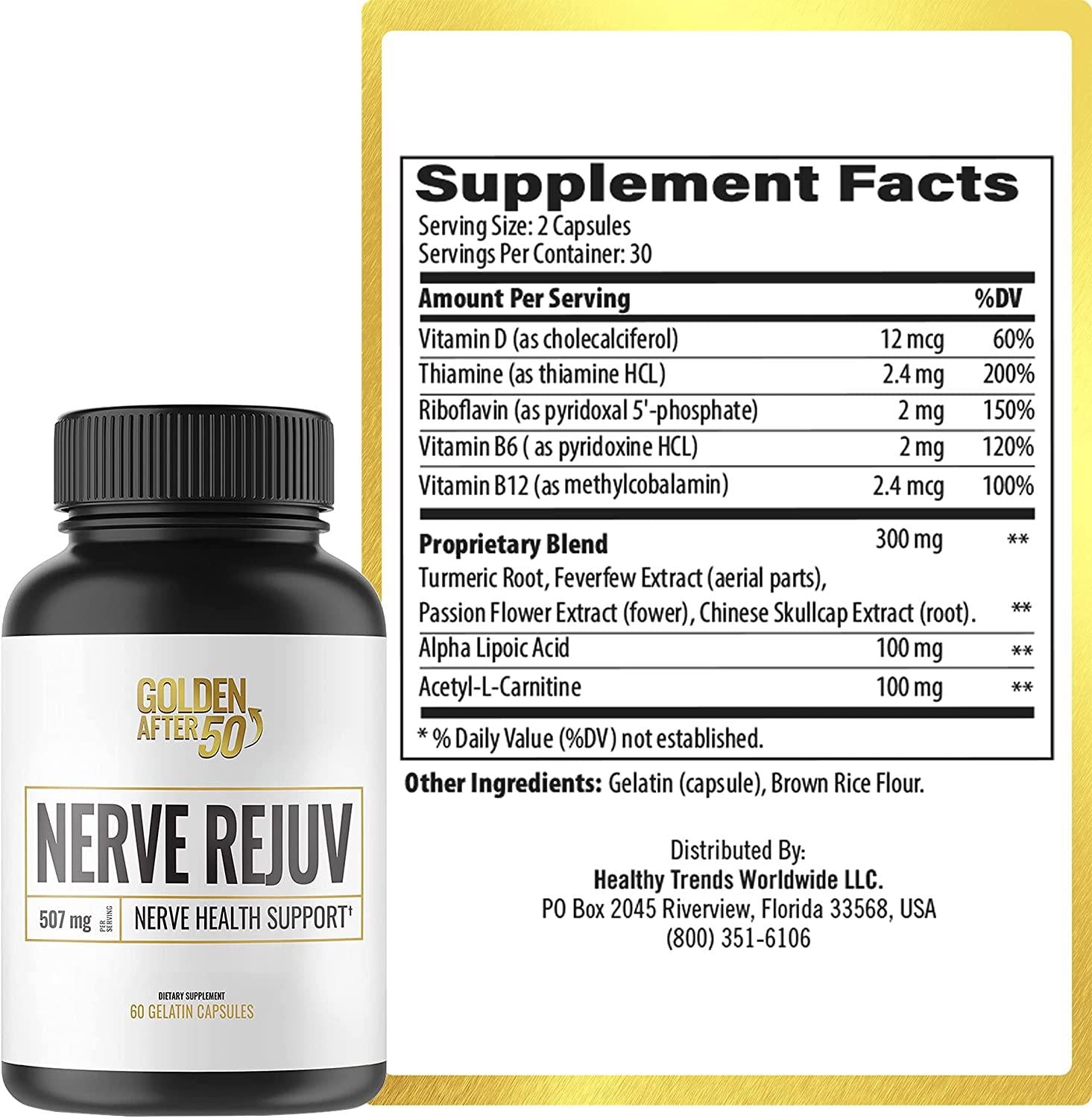 Golden After 50 Nerve Rejuv - Nerve Health Support - 60 Gelatin Capsules, 507mg - Nerve Pain Relief Supplement with Alpha Lipoic Acid and Vitamin B 6 and 12, Vitamin D, Turmeric, Passion Flower