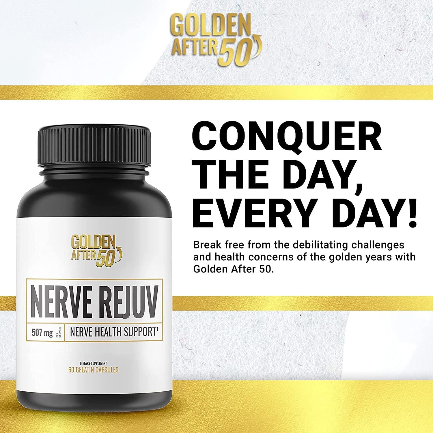 Golden After 50 Nerve Rejuv - Nerve Health Support - 60 Gelatin Capsules, 507mg - Nerve Pain Relief Supplement with Alpha Lipoic Acid and Vitamin B 6 and 12, Vitamin D, Turmeric, Passion Flower