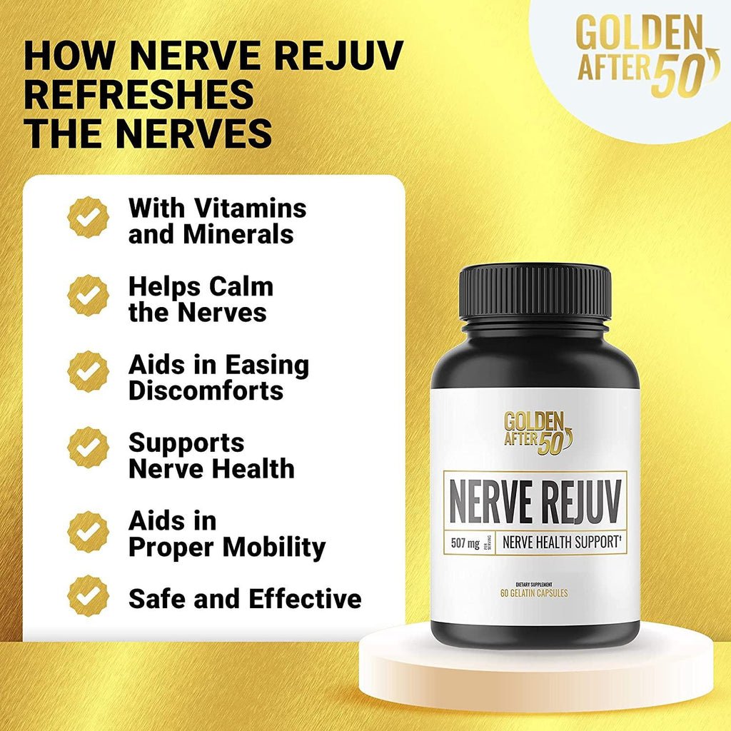 Golden After 50 Nerve Rejuv - Nerve Health Support - 60 Gelatin Capsules, 507mg - Nerve Pain Relief Supplement with Alpha Lipoic Acid and Vitamin B 6 and 12, Vitamin D, Turmeric, Passion Flower