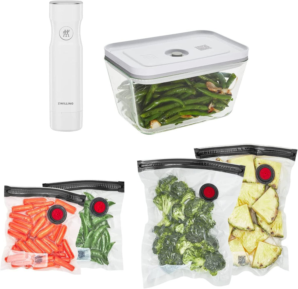 ZWILLING Fresh & Save Vacuum Sealer Machine Starter Set with Airtight Food Storage Container Glass, Sous Vide Bags, Meal Prep