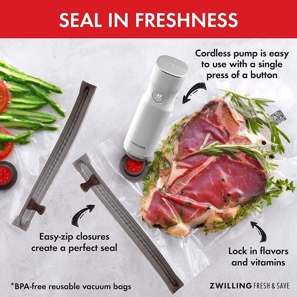 ZWILLING Fresh & Save Vacuum Sealer Machine Starter Set with Airtight Food Storage Container Glass, Sous Vide Bags, Meal Prep