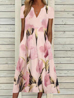 V-neck Casual Loose Floral Print Short Sleeve Midi Dress