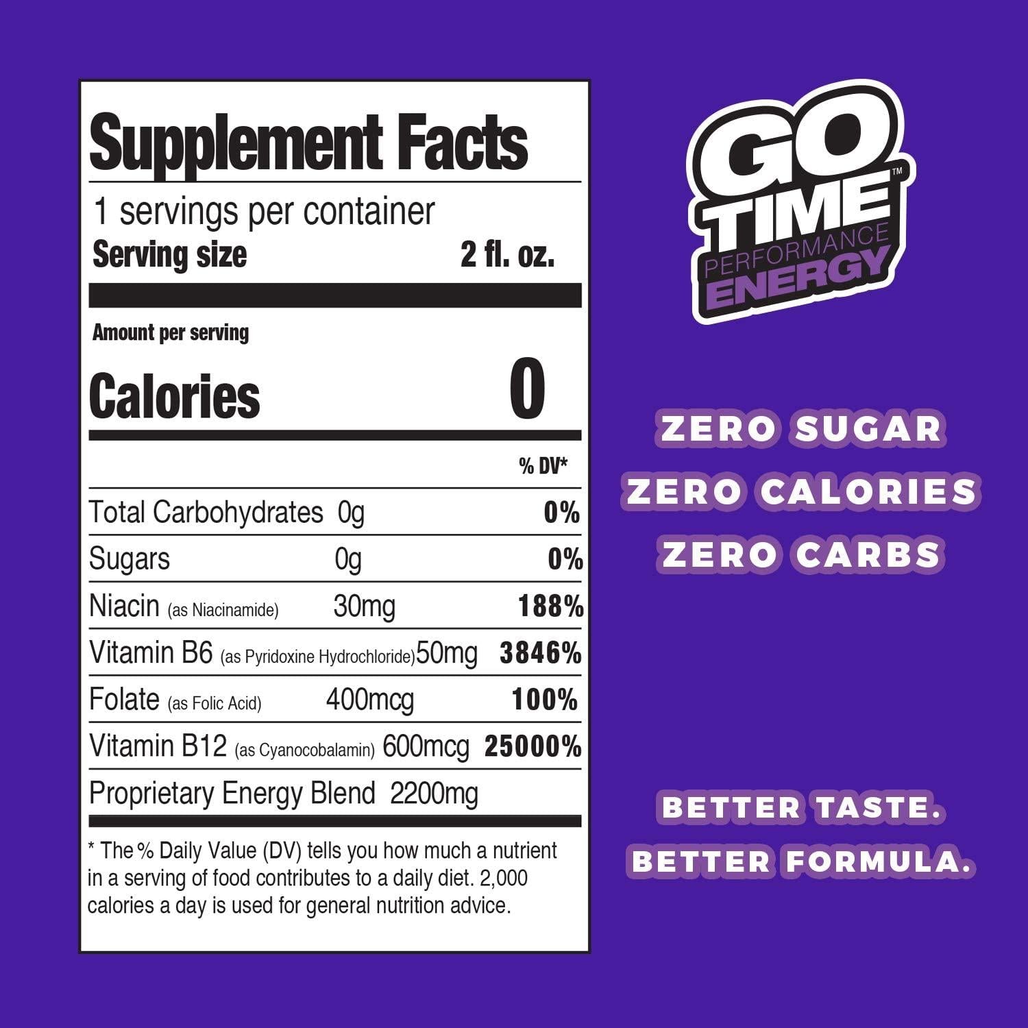 Go Time Performance Energy || Energy Drink Shot, Zero Sugar, Zero Calories, Zero Carbs, Gluten-Free, No Crash | 100 Pack of 2 oz. Energy Shots || Grape