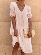 Maternity Casual Cotton And Linen Loose V-Neck Solid Color Dress