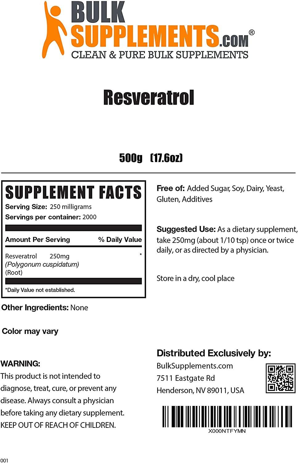BulkSupplements.com Pure Resveratrol - Antioxidants Supplement - Anti Aging Supplement - Heart Supplements (500 Grams - 1.1 lbs)