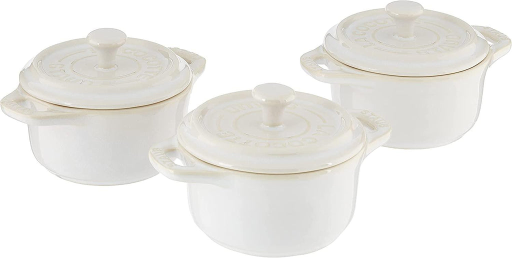STAUB Ceramics Mini Round Cocotte Set, 3-piece, Rustic Ivory