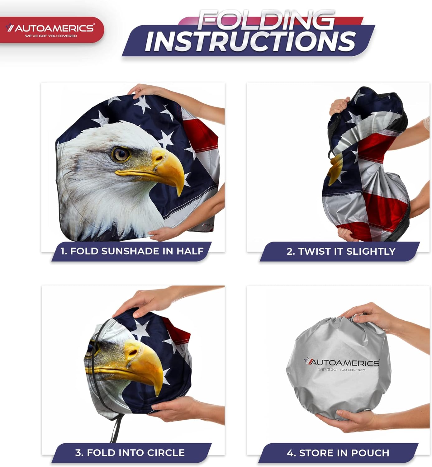 Autoamerics 1-Piece Windshield Sun Shade American Eagle Flag - 3 USA Patriotic  - Foldable Car Front Window Sunshade for Sedans SUV Truck - Blocks Max UV Rays and Keeps Your Vehicle Cool Medium