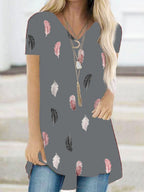 Feather Print V-neck Casual Short Sleeve T-shirt