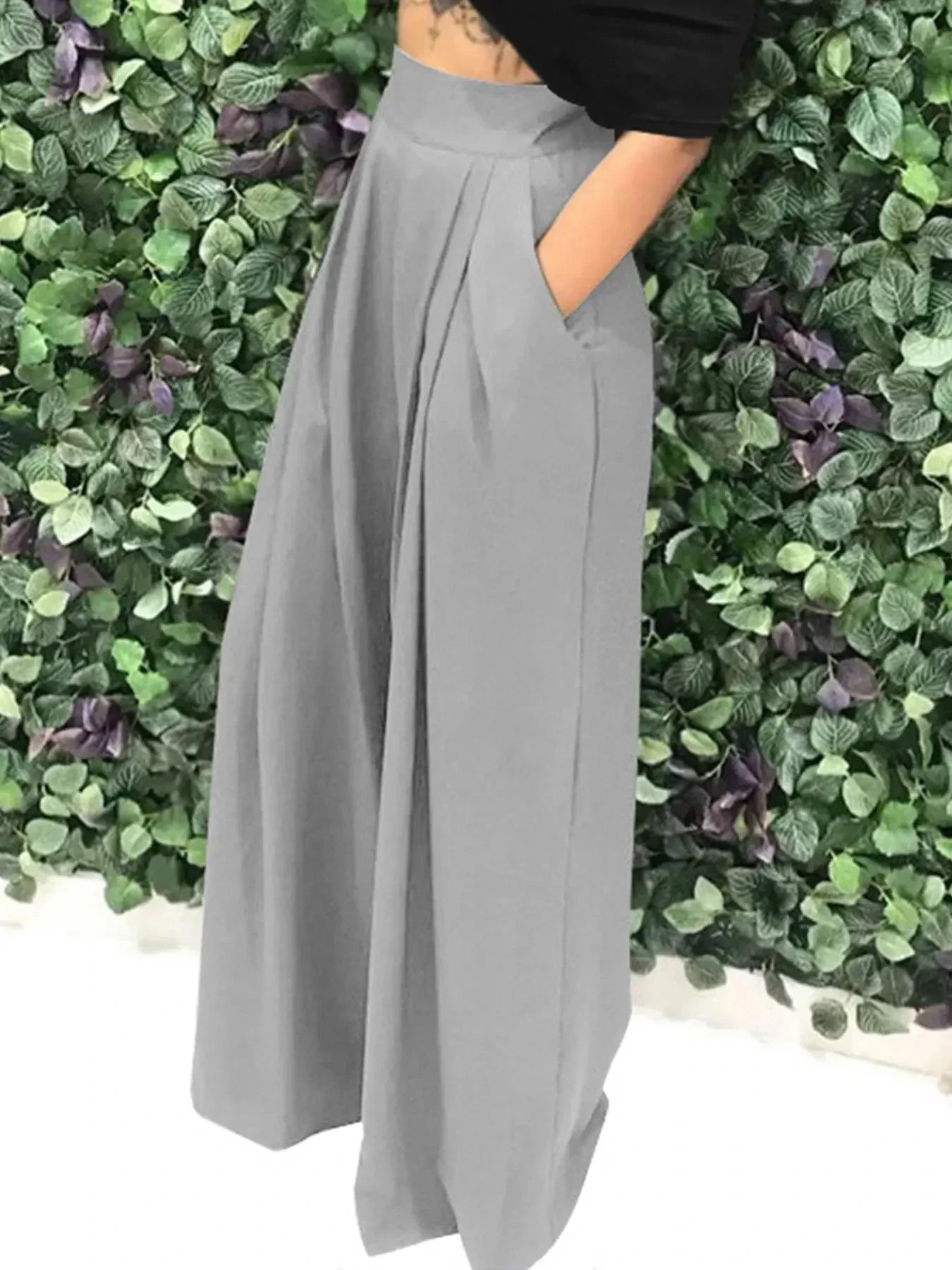 Women's Plain Plicated Pocket Wide Leg Pants