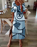 casual abstract print short sleeve slit plus size dress