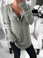 Fashion Long Sleeve V-neck Solid Color Button T-Shirt