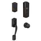 Aged Bronze Connect Z-Wave Plus Smart Deadbolt Alarmed Lock with Camelot Trim &amp; Door Handle Set with Georgian Door Knob