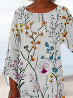 Round Neck Floral Print Loose Long Sleeve Blouse