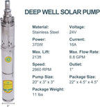 Submersible Deep Well Pump Solar Water Pump DC 24V 370W  Steel Screw Pump, 213ft Lift 8.8GPM Flow, Agricultural Irrigation Pump Solar Water Circulating System