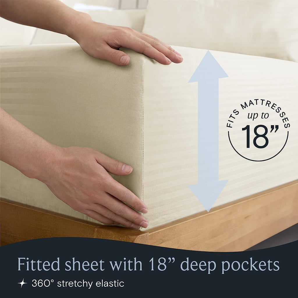 LuxClub Queen Size Striped Sheets Set, 6 PC Striped Bed Sheets, Deep Pockets 18" Eco Friendly Wrinkle Free Cooling Sheets Machine Washable Hotel Bedding Silky Soft (Queen, Striped Cream)