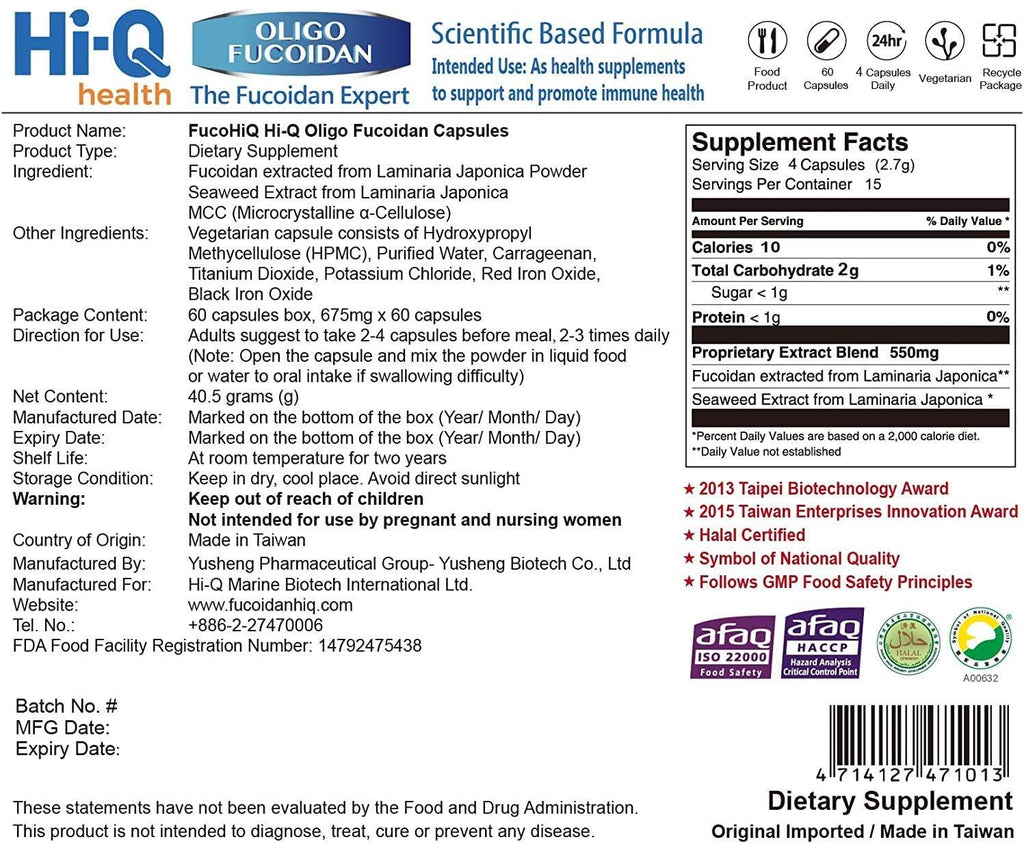 FucoHIQ® HI-Q Oligo Fucoidan Capsules - 550mg, Doctor Recommend Fucoidan, Extra Strength Immune Support, for All Ages, Vegetarian, Halal Certified, 60 Veggie Capsules, Made in Taiwan (3 Pack)