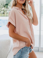Summer Short Sleeve Ladies Lapel Button Blouse