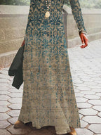 Retro Print Casual Long-sleeved Maxi Dress