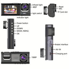 Camera FHD 1080P 3-Channel Dash Camera Front And Rear Inside Dash IR Night Vision Loop Recording G-Sensor Car DVR Camera With 2-Inch IPS Screen 3 Cameras