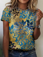 Women's leaf-printed gilt T-shirt