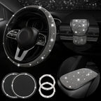 7Pcs/Set Car Decoration Kit, White Artificial Diamond Car Steering Wheel Cover, Center Console Cover Pad, Gear Shift Cover, Ignition Ring, Car Coaster