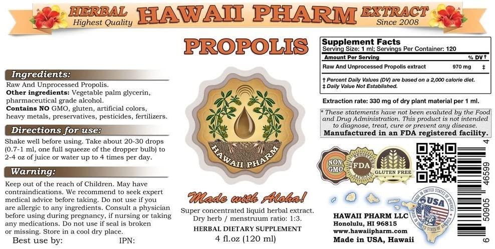 Propolis Liquid Extract, Raw Propolis Supplement Tincture, Herbal Supplement, Hawaii Pharm, Made in USA, 2x32 fl.oz